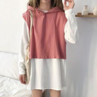 Set: Crew-neck Long-sleeve T-shirt Dress + Hooded Vest
