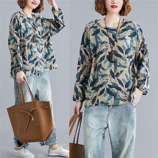 Long-sleeve Leaf Print Top As Shown In Figure - One Size