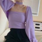 Set Of 2: Long-sleeve Plain Lace-up Cardigan / Plain Tube Top