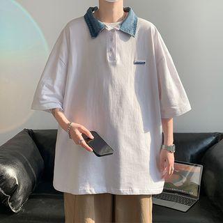 Elbow-sleeve Denim Collar Polo Shirt