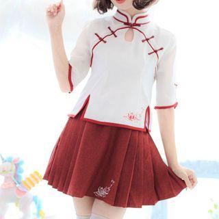 Flower Embroidered Elbow Sleeve Cheongsam Top / Pleated Mini Skirt