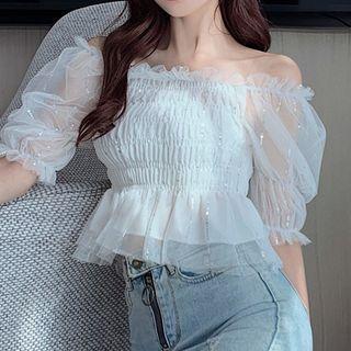Puff-sleeve Rhinestone Mesh Shirred Peplum Top