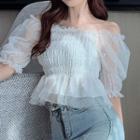 Puff-sleeve Rhinestone Mesh Shirred Peplum Top