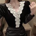 Lace Trim V-neck Velvet Blouse Black - One Size