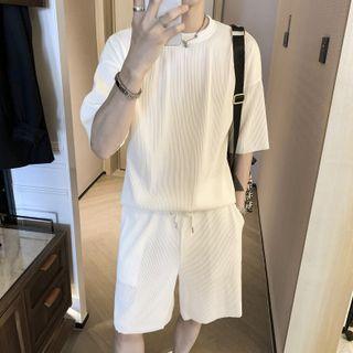 Set: Short-sleeve Plain T-shirt + Drawstring Shorts