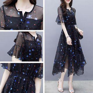 Elbow-sleeve Asymmetric Printed Chiffon A-line Midi Dress