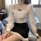 Mesh Panel Ruffled Blouse / Lace Trim Mini A-line Skirt