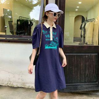 Elbow-sleeve Lettering Print A-line Polo Dress