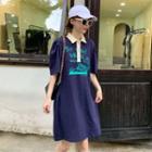 Elbow-sleeve Lettering Print A-line Polo Dress
