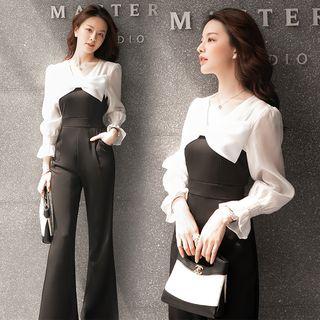 V-neck Bow Accent Two Tone Boot-cut Jumpsuit