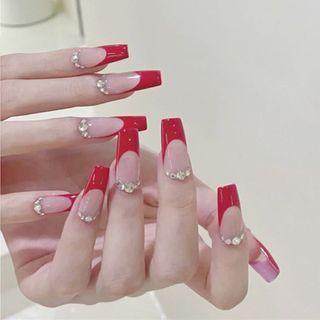 Embellished Pointed Faux Nail Tips X62 - Red & Light Pink - One Size
