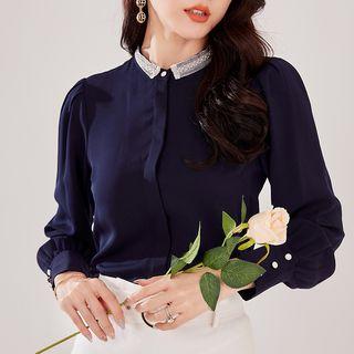 Faux Pearl Detail Balloon-sleeve Chiffon Blouse