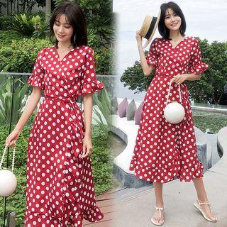 Polka Dot Short-sleeve A-line Wrap Dress