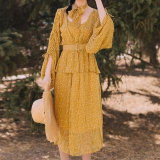 Set: Dotted Midi Spaghetti Strap Dress + Chiffon Light Jacket