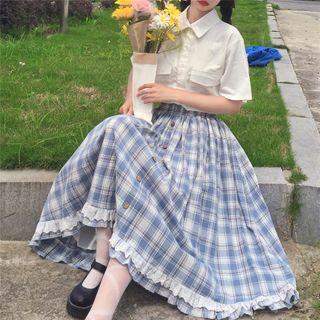 Ruffle Plaid Midi A-line Skirt As Shown In Figure - One Size