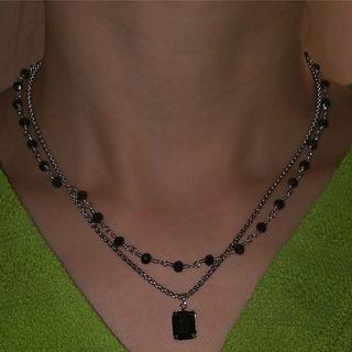 Rectangle Faux Crystal Pendant Layered Alloy Choker Black Faux Crystal - Silver - One Size