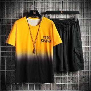 Set: Short-sleeve Lettering Gradient T-shirt + Wide Leg Cargo Shorts