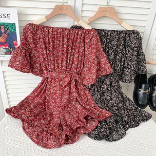 Boatneck Ruffled-hem Floral Playsuit With Sash