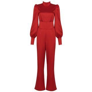 Long-sleeve Mock-neck Open Back Wide Leg Jumpsuit