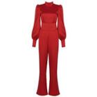 Long-sleeve Mock-neck Open Back Wide Leg Jumpsuit