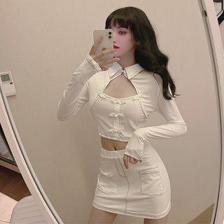 Set: Long-sleeve Cut-out Collared T-shirt + Mini Pencil Skirt