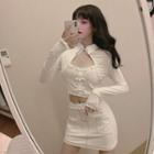 Set: Long-sleeve Cut-out Collared T-shirt + Mini Pencil Skirt
