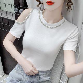 Rhinestone Cold-shoulder Cropped T-shirt