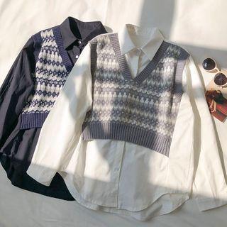 Mock Two-piece Color-block Vest Panel Long-sleeve Shirt