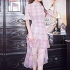 Set: Plaid Short-sleeve Qipao + Lace Midi A-line Skirt