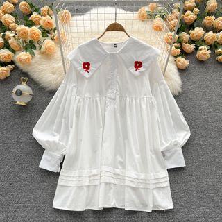 Lapel Flower Embroidered Lantern-sleeve Top White - One Size