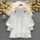 Lapel Flower Embroidered Lantern-sleeve Top White - One Size