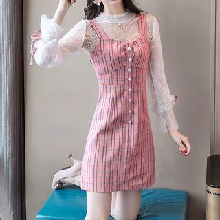 Set: Long-sleeve Lace Top + Mini Plaid Jumper Dress