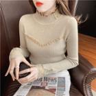 Long-sleeve Embellished Mock-neck Lace Blouse
