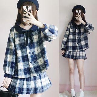 Set: Plaid Long-sleeve Knit Jacket + Pleated Mini Skirt