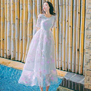 Elbow-sleeve Floral Detail A-line Midi Dress