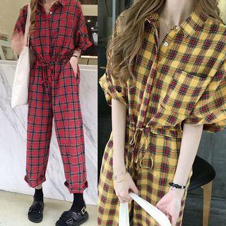 Elbow-sleeve Cropped Plaid Jumpsuit
