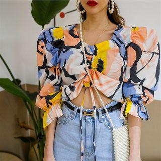 Elbow-sleeve Printed Drawstring Top Tangerine - One Size