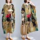 Short-sleeve Printed A-line Dress Khaki - One Size