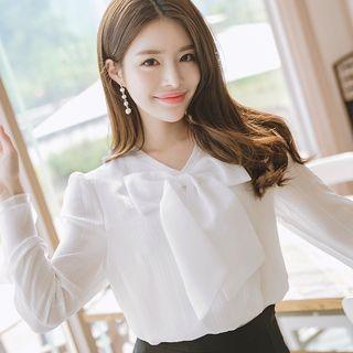 V-neck Long Sleeve Plain Blouse