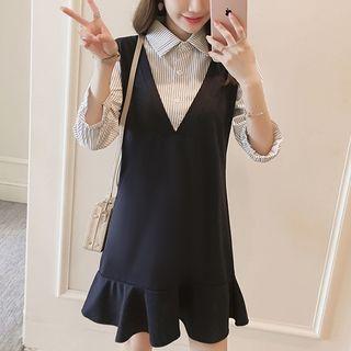 Mock Two-piece Elbow-sleeve Shirtdress