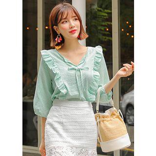 Plus Size - Tie-front Frilled Check Blouse