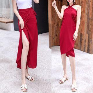 Chiffon A-line Midi Wrap Skirt / Paneled Printed T-shirt
