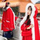 Crane Embroidered Furry Hood Cape Cape - Red - One Size