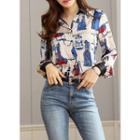 Contrast-collar Patterned Satin Blouse
