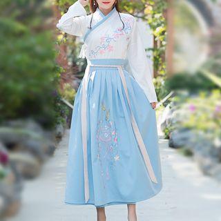 Set: Long-sleeve Embroidered Top + A-line Midi Skirt
