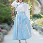 Set: Long-sleeve Embroidered Top + A-line Midi Skirt