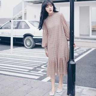 Mock-turtleneck Long-sleeved Lace Long Mermaid Dress