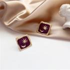 Alloy Moon & Star Square Earring 1 Pair - Gold Trim - Brown Red - One Size
