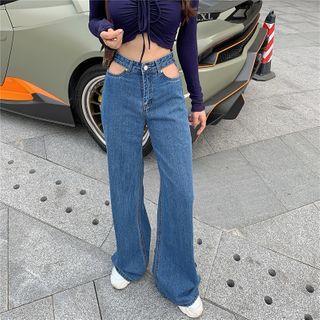 Off-shoulder Long-sleeve Cropped Top / Cut-out Wide-leg Jeans