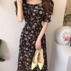 Floral Short-sleeve Square-neck Midi A-line Dress